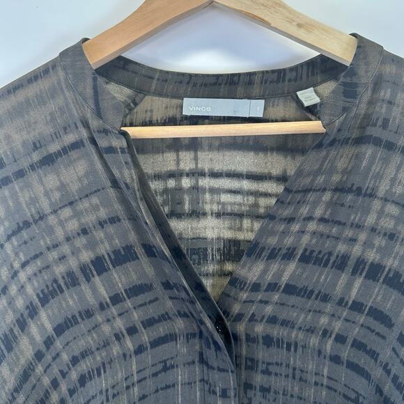 Vince 100% Silk Long Sleeve Button Front Brown Striped Tunic Blouse Womens XS - Picture 2 of 16